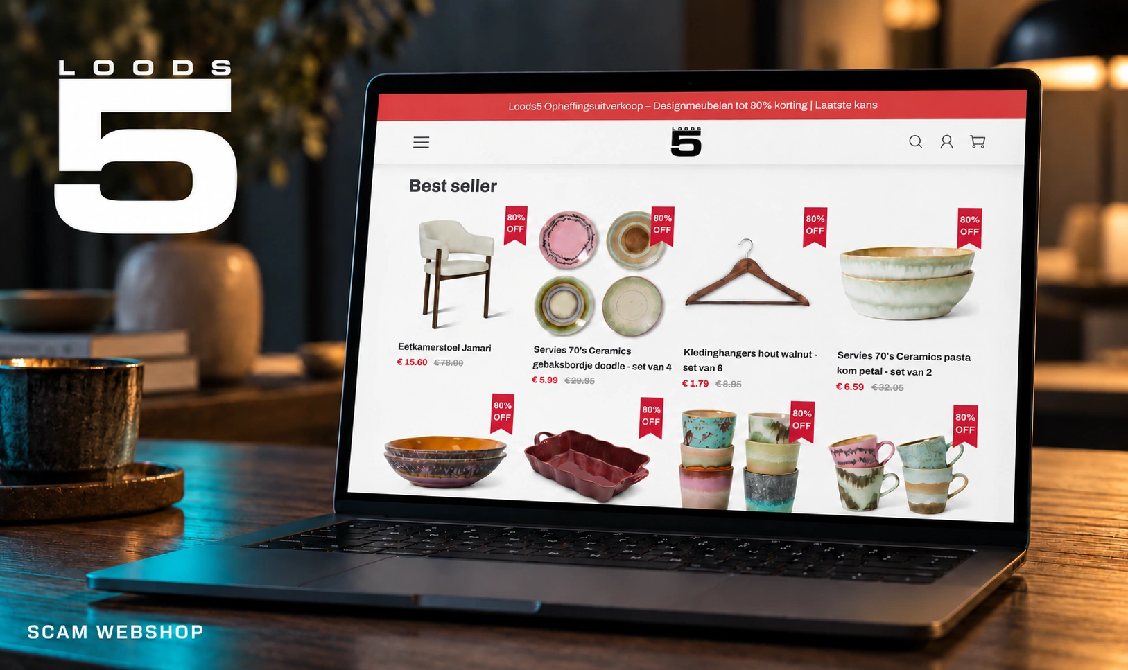 Illustratie van een nepwebshop van Loods 5 op een laptop, met een verzonnen opheffingsuitverkoop.
